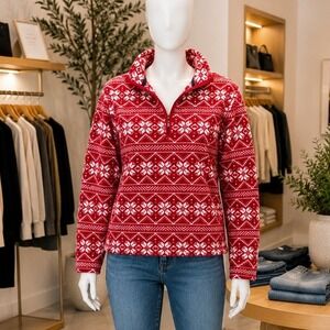 Lands' End Womens Fleece Pullover Red White Fair Isle Quarter Zip M 10-12